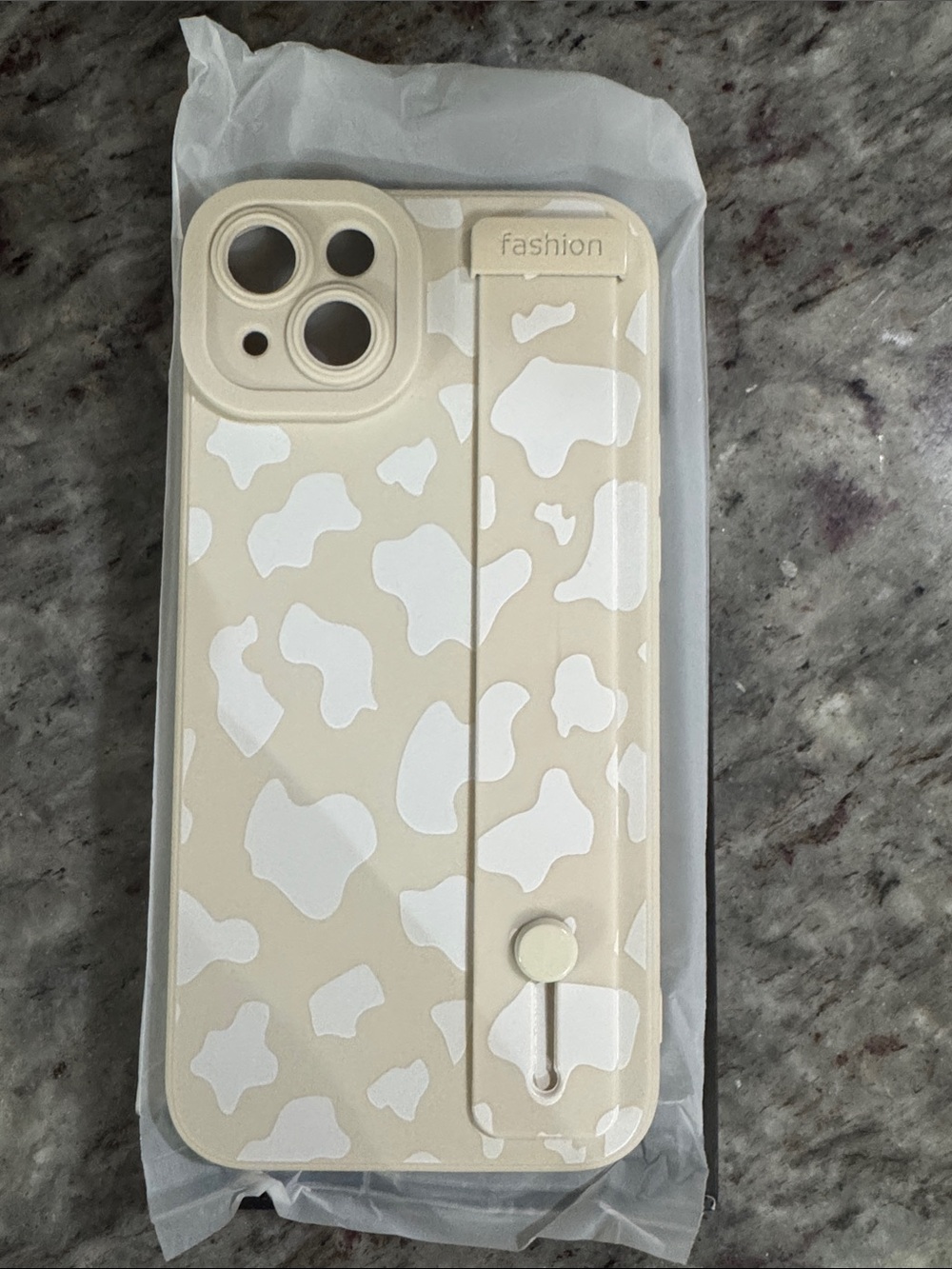 New iPhone 14 Plus Neutral Cow-Print Phone Case with Hand Strap